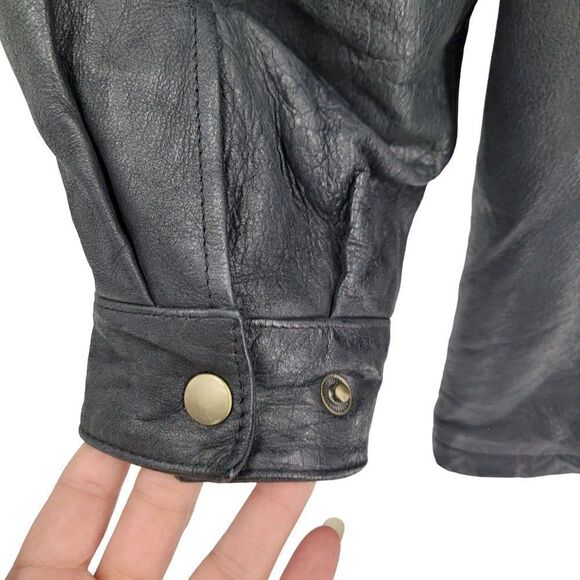 Vintage 80's John Ashford Leather Coat Anorak Jacket Collared Drawstring Black L - Picture 9 of 16